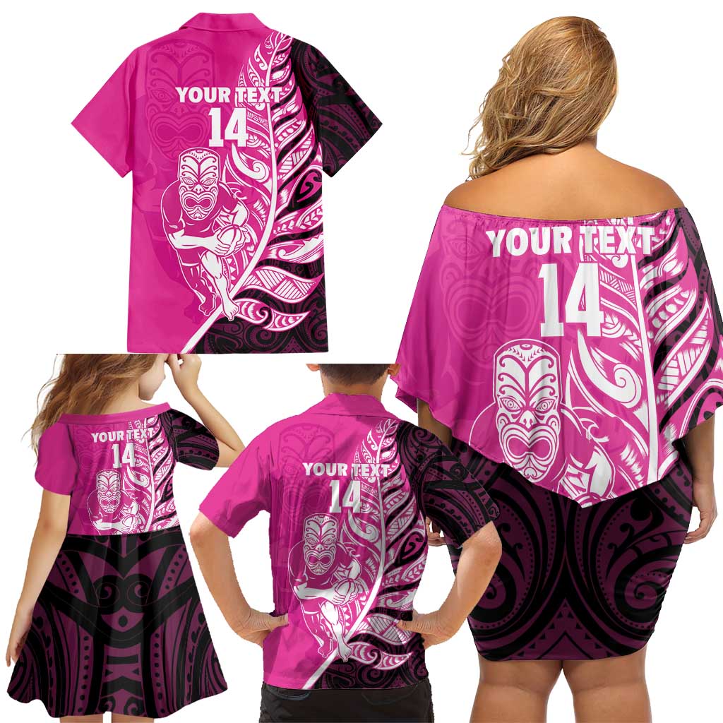 New Zealand Silver Fern Rugby Custom Family Matching Off Shoulder Short Dress and Hawaiian Shirt All Black Maori Pattern Pink LT14 - Polynesian Pride