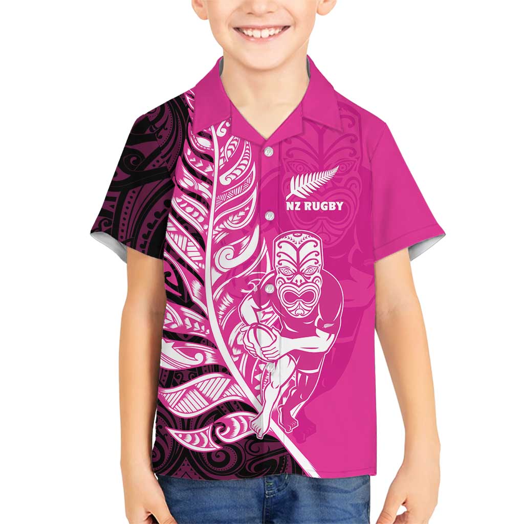 New Zealand Silver Fern Rugby Custom Family Matching Off Shoulder Short Dress and Hawaiian Shirt All Black Maori Pattern Pink LT14 Son's Shirt Pink - Polynesian Pride