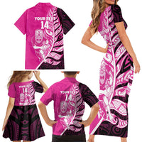 New Zealand Silver Fern Rugby Custom Family Matching Short Sleeve Bodycon Dress and Hawaiian Shirt All Black Maori Pattern Pink LT14 - Polynesian Pride