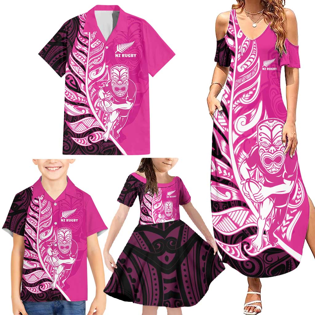 New Zealand Silver Fern Rugby Custom Family Matching Summer Maxi Dress and Hawaiian Shirt All Black Maori Pattern Pink LT14 - Polynesian Pride