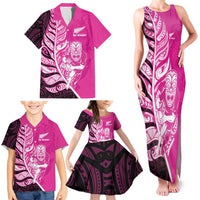 New Zealand Silver Fern Rugby Custom Family Matching Tank Maxi Dress and Hawaiian Shirt All Black Maori Pattern Pink LT14 - Polynesian Pride