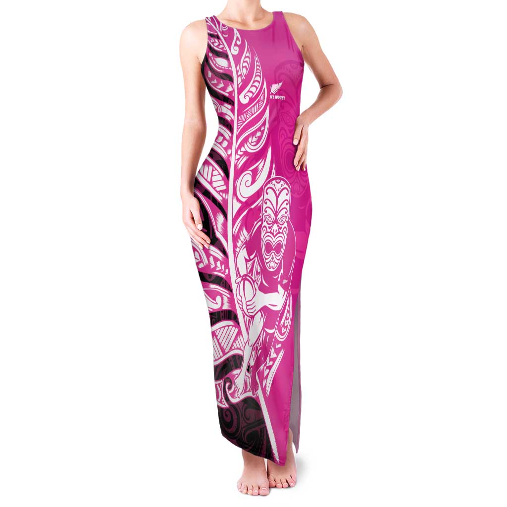 New Zealand Silver Fern Rugby Custom Family Matching Tank Maxi Dress and Hawaiian Shirt All Black Maori Pattern Pink LT14 Mom's Dress Pink - Polynesian Pride