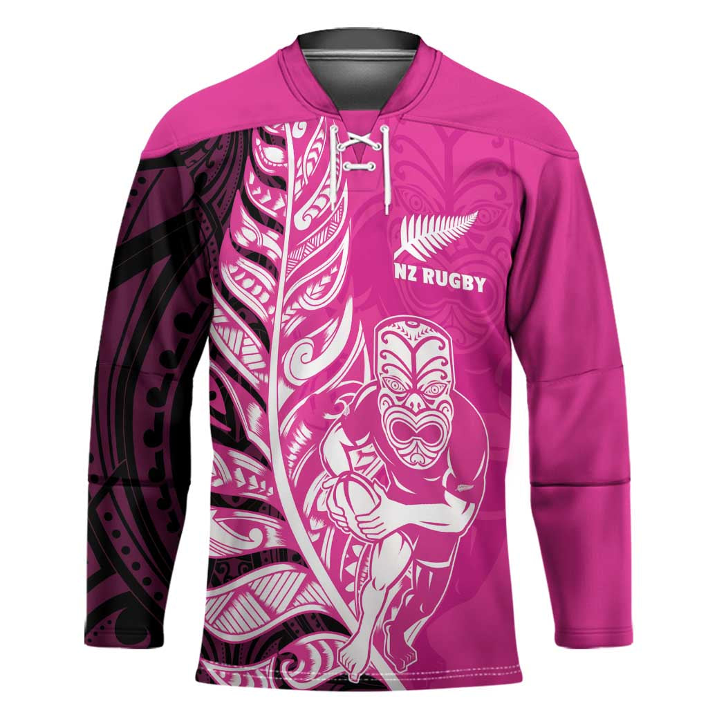 New Zealand Silver Fern Rugby Custom Hockey Jersey All Black Maori Pattern Pink - Polynesian Pride