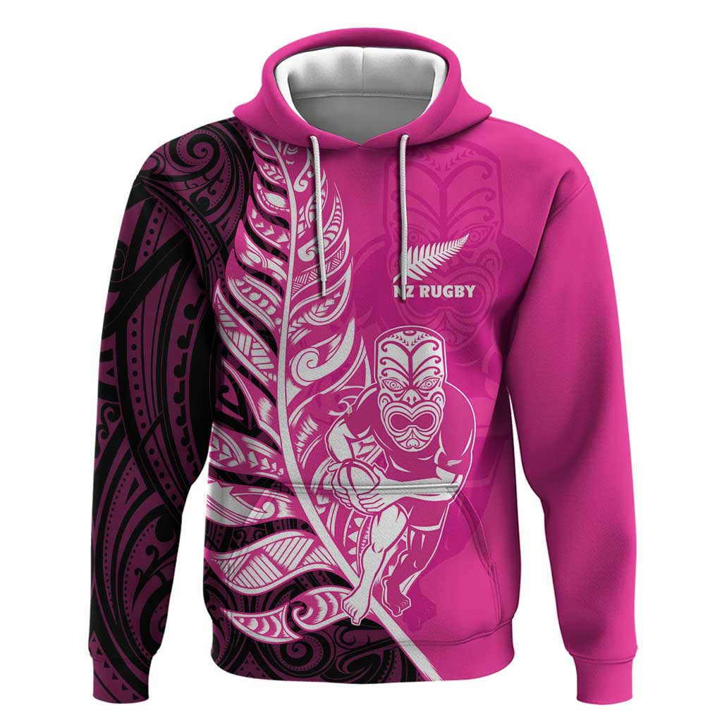 New Zealand Silver Fern Rugby Custom Hoodie All Black Maori Pattern Pink - Polynesian Pride