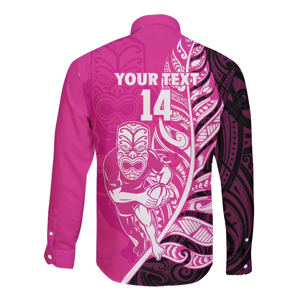 New Zealand Silver Fern Rugby Custom Long Sleeve Button Shirt All Black Maori Pattern Pink - Polynesian Pride