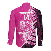 New Zealand Silver Fern Rugby Custom Long Sleeve Button Shirt All Black Maori Pattern Pink - Polynesian Pride