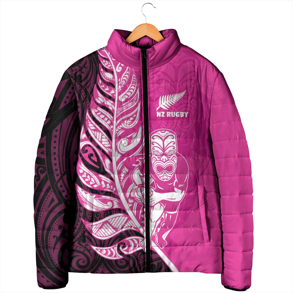 New Zealand Silver Fern Rugby Custom Padded Jacket All Black Maori Pattern Pink - Polynesian Pride