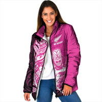 New Zealand Silver Fern Rugby Custom Padded Jacket All Black Maori Pattern Pink - Polynesian Pride