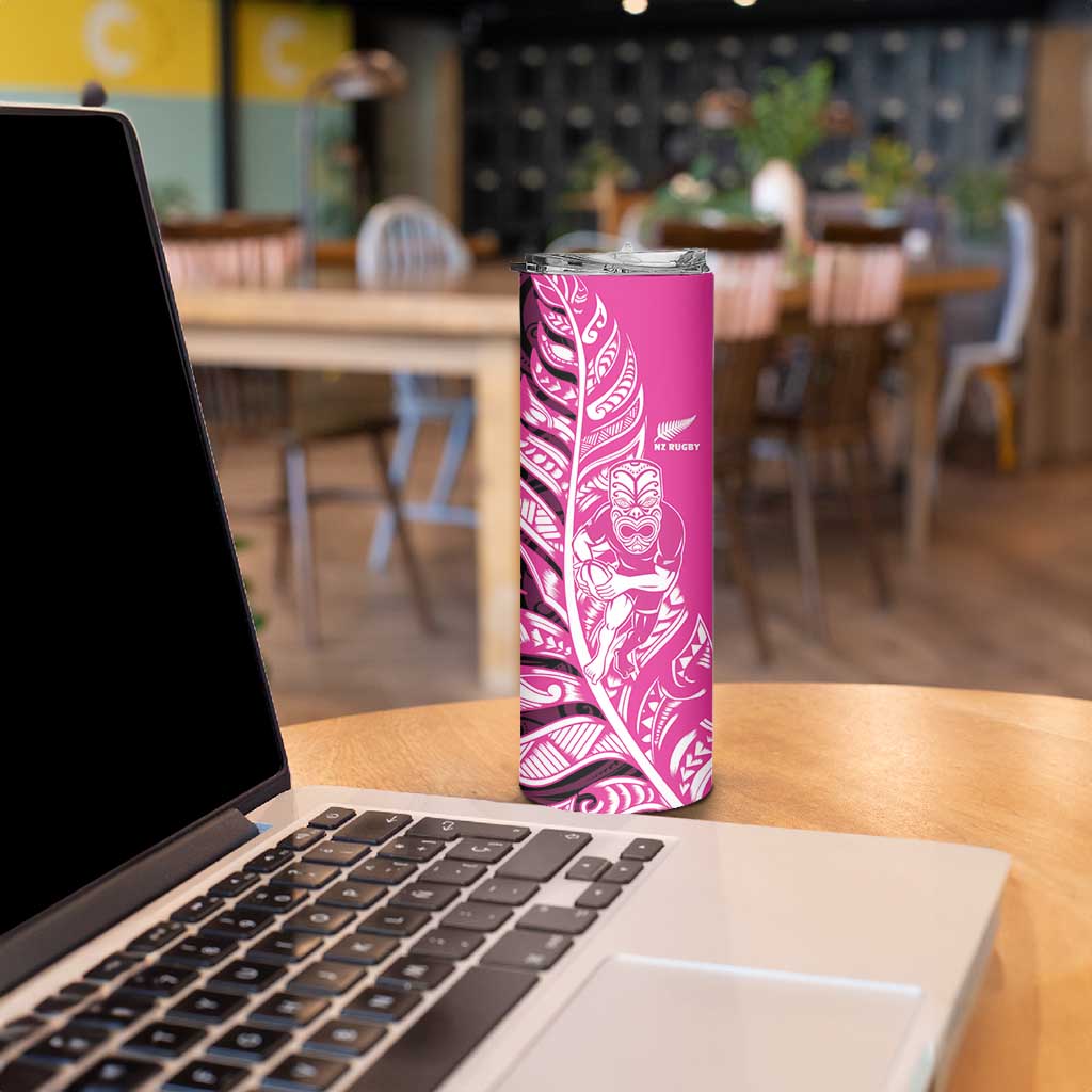 New Zealand Silver Fern Rugby Custom Skinny Tumbler All Black Maori Pattern Pink - Polynesian Pride