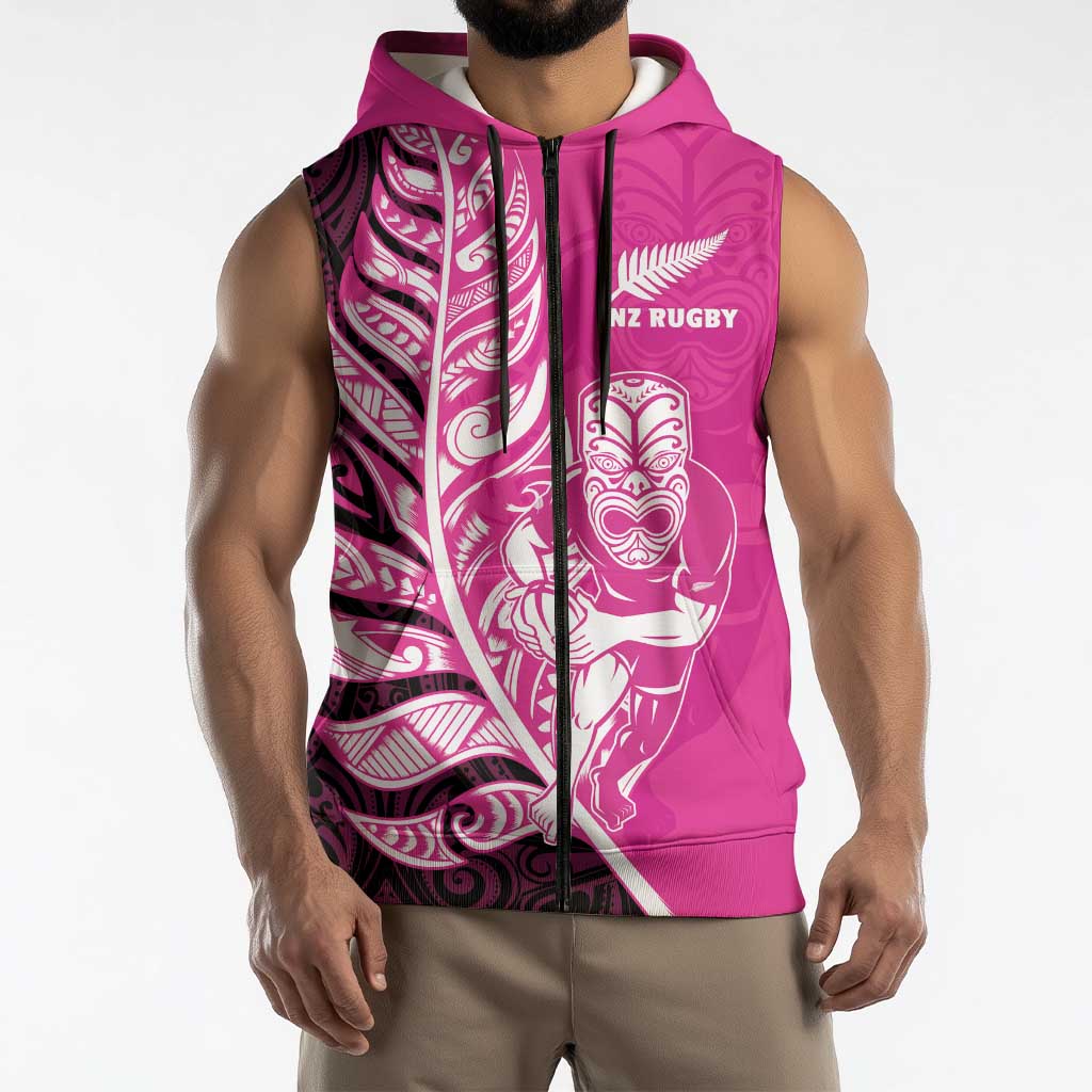 New Zealand Silver Fern Rugby Custom Sleeveless Zip Hoodie All Black Maori Pattern Pink - Polynesian Pride