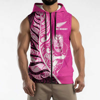 New Zealand Silver Fern Rugby Custom Sleeveless Zip Hoodie All Black Maori Pattern Pink - Polynesian Pride