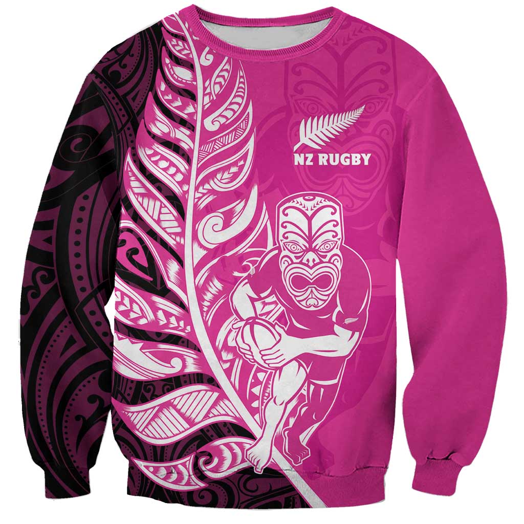 New Zealand Silver Fern Rugby Custom Sweatshirt All Black Maori Pattern Pink - Polynesian Pride