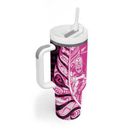 New Zealand Silver Fern Rugby Custom Tumbler With Handle All Black Maori Pattern Pink LT14 - Polynesian Pride