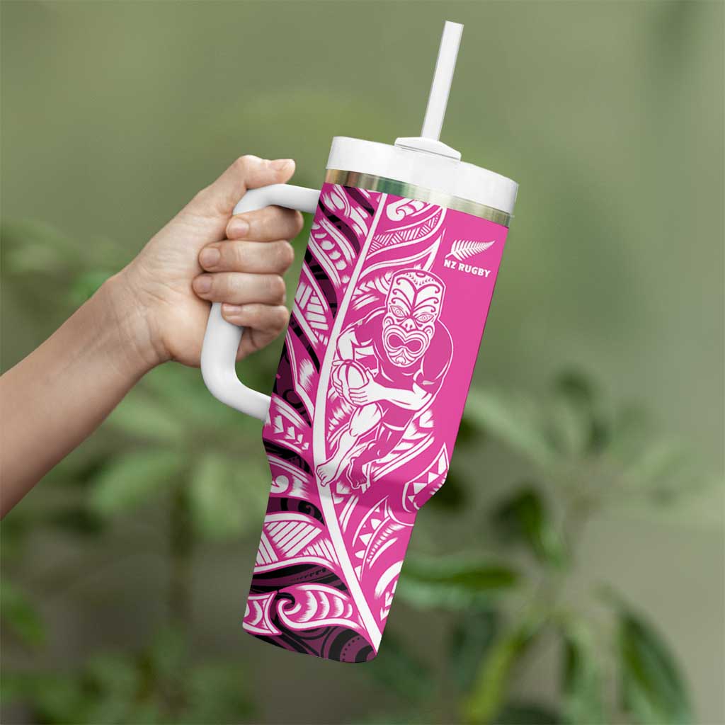 New Zealand Silver Fern Rugby Custom Tumbler With Handle All Black Maori Pattern Pink LT14 - Polynesian Pride
