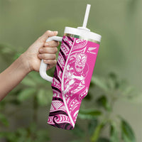 New Zealand Silver Fern Rugby Custom Tumbler With Handle All Black Maori Pattern Pink LT14 - Polynesian Pride