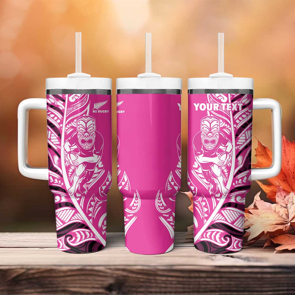 New Zealand Silver Fern Rugby Custom Tumbler With Handle All Black Maori Pattern Pink LT14 - Polynesian Pride