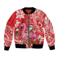 Personalized Hawaii Christmas Bomber Jacket Mele Kalikimaka Chilling Shaka Santa Flamingo LT14 Unisex Red - Polynesian Pride