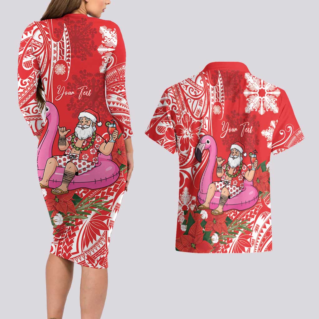 Personalized Hawaii Christmas Couples Matching Long Sleeve Bodycon Dress and Hawaiian Shirt Mele Kalikimaka Chilling Shaka Santa Flamingo LT14 - Polynesian Pride
