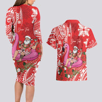 Personalized Hawaii Christmas Couples Matching Long Sleeve Bodycon Dress and Hawaiian Shirt Mele Kalikimaka Chilling Shaka Santa Flamingo LT14 - Polynesian Pride