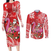 Personalized Hawaii Christmas Couples Matching Long Sleeve Bodycon Dress and Long Sleeve Button Shirt Mele Kalikimaka Chilling Shaka Santa Flamingo LT14 Red - Polynesian Pride
