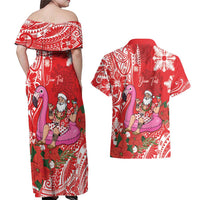 Personalized Hawaii Christmas Couples Matching Off Shoulder Maxi Dress and Hawaiian Shirt Mele Kalikimaka Chilling Shaka Santa Flamingo LT14 - Polynesian Pride