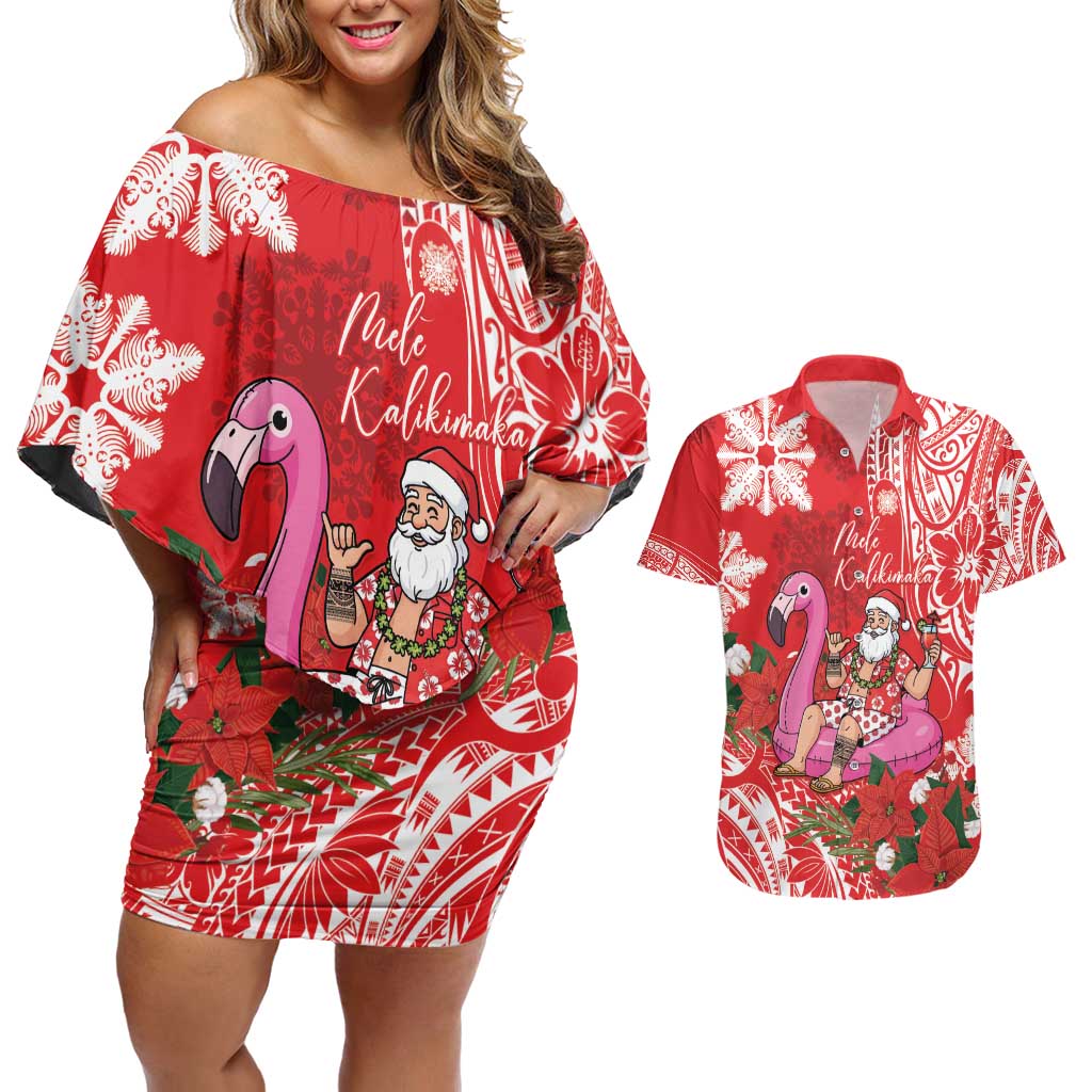 Personalized Hawaii Christmas Couples Matching Off Shoulder Short Dress and Hawaiian Shirt Mele Kalikimaka Chilling Shaka Santa Flamingo LT14 Red - Polynesian Pride