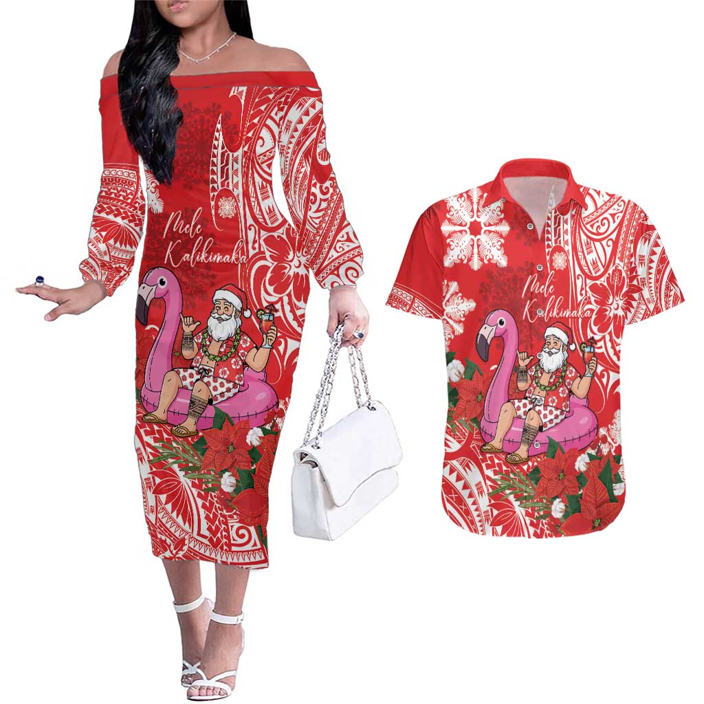 Personalized Hawaii Christmas Couples Matching Off The Shoulder Long Sleeve Dress and Hawaiian Shirt Mele Kalikimaka Chilling Shaka Santa Flamingo LT14 Red - Polynesian Pride
