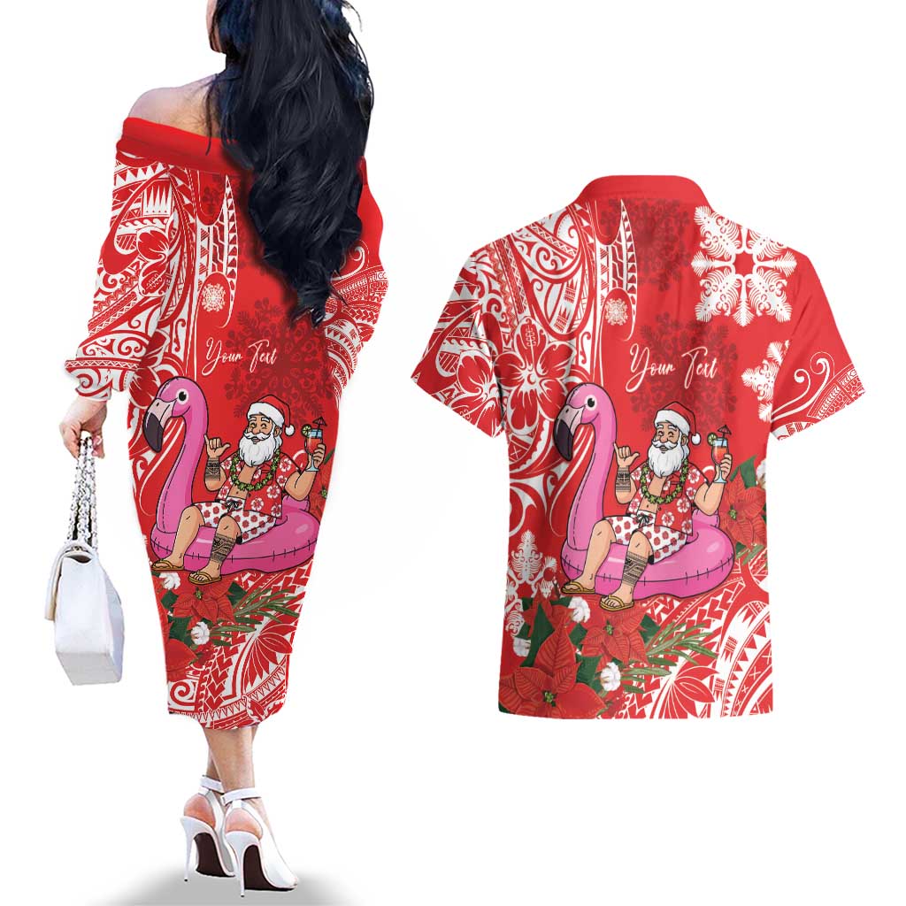 Personalized Hawaii Christmas Couples Matching Off The Shoulder Long Sleeve Dress and Hawaiian Shirt Mele Kalikimaka Chilling Shaka Santa Flamingo LT14 - Polynesian Pride