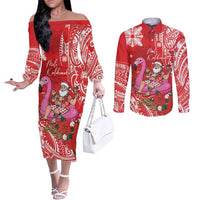 Personalized Hawaii Christmas Couples Matching Off The Shoulder Long Sleeve Dress and Long Sleeve Button Shirt Mele Kalikimaka Chilling Shaka Santa Flamingo LT14 Red - Polynesian Pride
