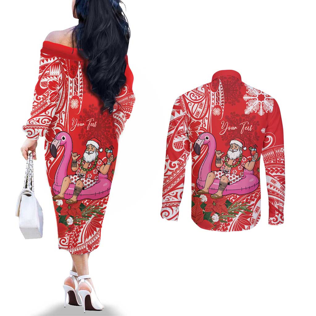 Personalized Hawaii Christmas Couples Matching Off The Shoulder Long Sleeve Dress and Long Sleeve Button Shirt Mele Kalikimaka Chilling Shaka Santa Flamingo LT14 - Polynesian Pride