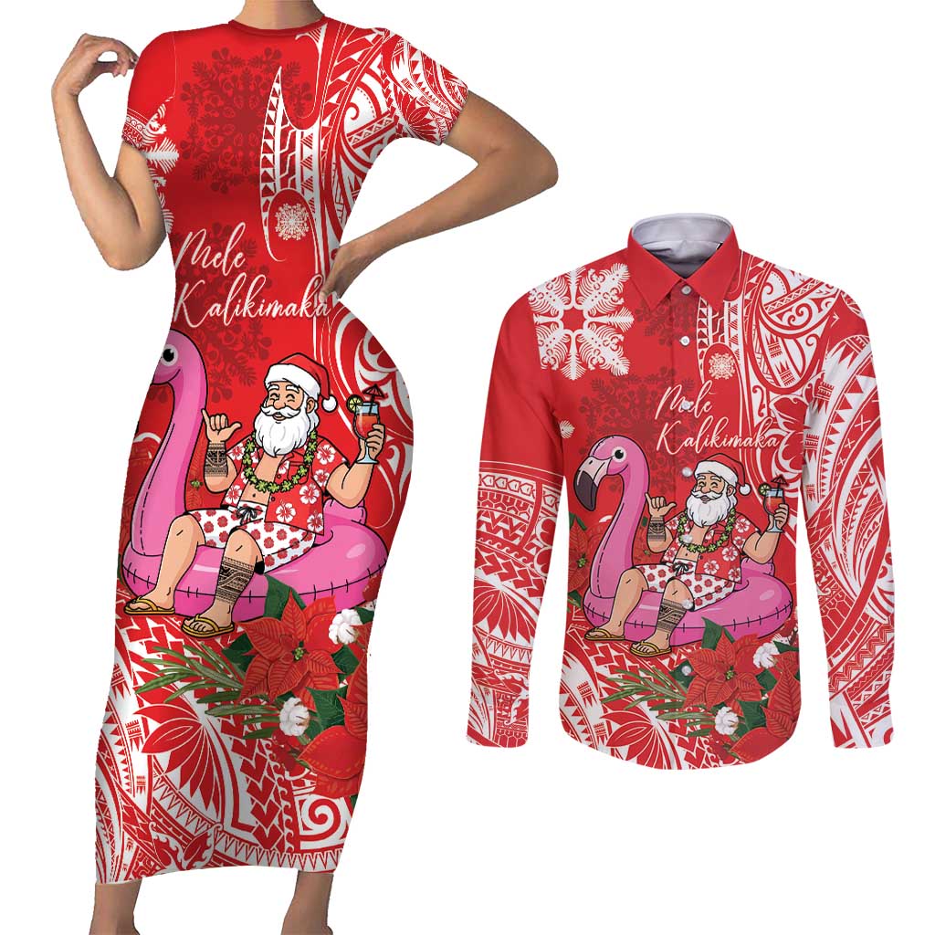 Personalized Hawaii Christmas Couples Matching Short Sleeve Bodycon Dress and Long Sleeve Button Shirt Mele Kalikimaka Chilling Shaka Santa Flamingo LT14 Red - Polynesian Pride