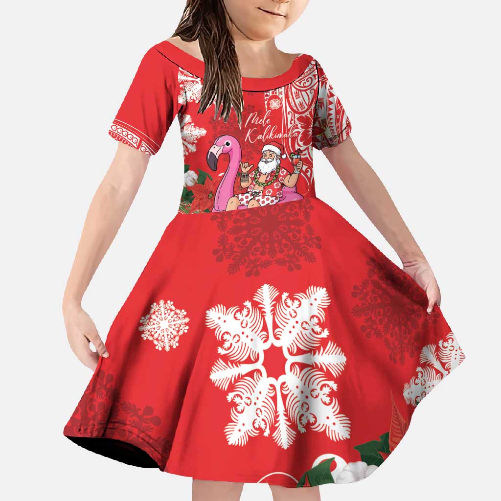 Personalized Hawaii Christmas Family Matching Long Sleeve Bodycon Dress and Hawaiian Shirt Mele Kalikimaka Chilling Shaka Santa Flamingo LT14 Daughter's Dress Red - Polynesian Pride