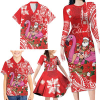 Personalized Hawaii Christmas Family Matching Long Sleeve Bodycon Dress and Hawaiian Shirt Mele Kalikimaka Chilling Shaka Santa Flamingo LT14 - Polynesian Pride