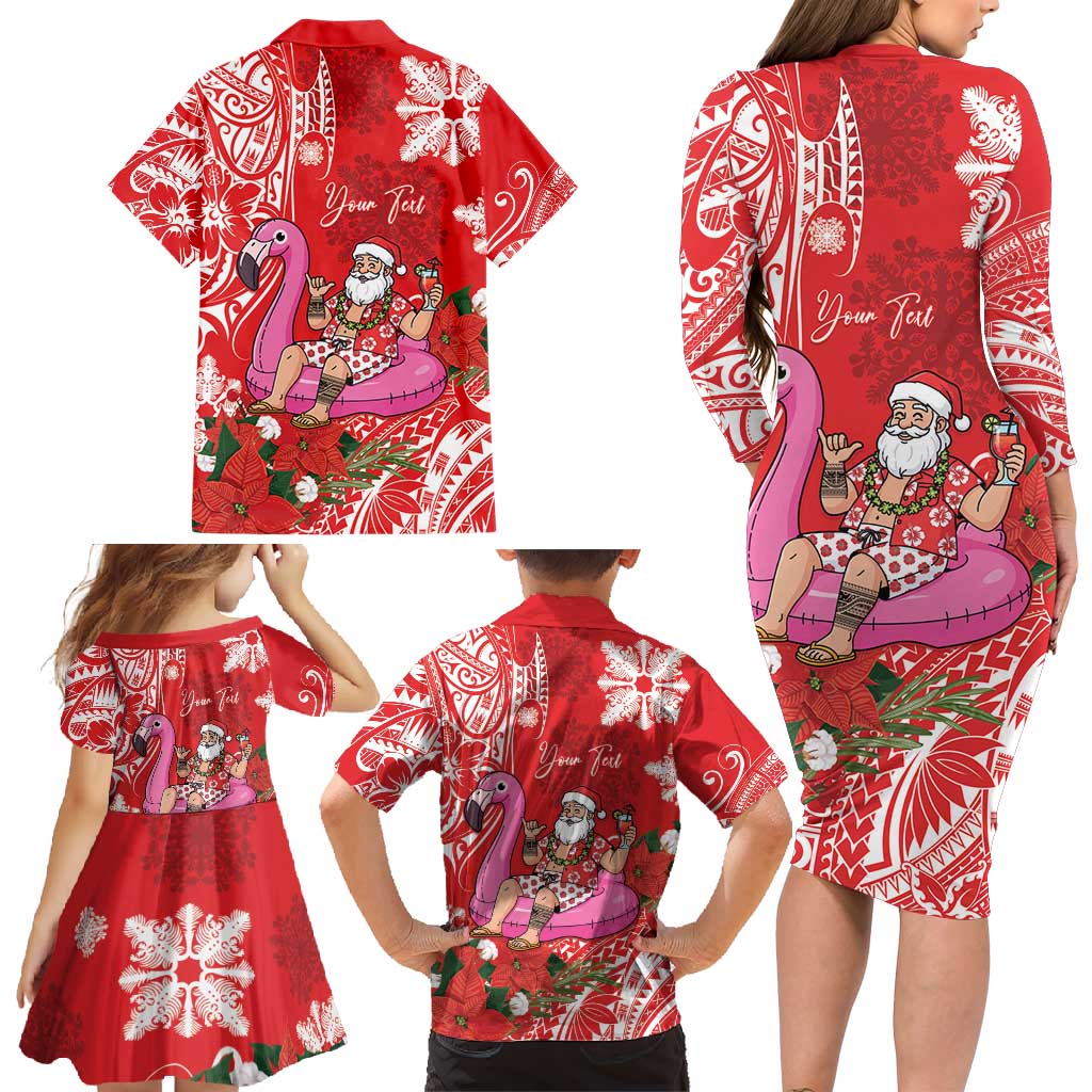 Personalized Hawaii Christmas Family Matching Long Sleeve Bodycon Dress and Hawaiian Shirt Mele Kalikimaka Chilling Shaka Santa Flamingo LT14 - Polynesian Pride