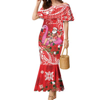 Personalized Hawaii Christmas Family Matching Mermaid Dress and Hawaiian Shirt Mele Kalikimaka Chilling Shaka Santa Flamingo LT14 Mom's Dress Red - Polynesian Pride