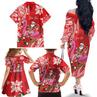 Personalized Hawaii Christmas Family Matching Off The Shoulder Long Sleeve Dress and Hawaiian Shirt Mele Kalikimaka Chilling Shaka Santa Flamingo LT14 - Polynesian Pride