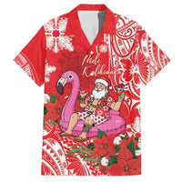 Personalized Hawaii Christmas Family Matching Off The Shoulder Long Sleeve Dress and Hawaiian Shirt Mele Kalikimaka Chilling Shaka Santa Flamingo LT14 Dad's Shirt - Short Sleeve Red - Polynesian Pride
