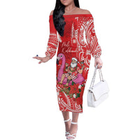 Personalized Hawaii Christmas Family Matching Off The Shoulder Long Sleeve Dress and Hawaiian Shirt Mele Kalikimaka Chilling Shaka Santa Flamingo LT14 Mom's Dress Red - Polynesian Pride