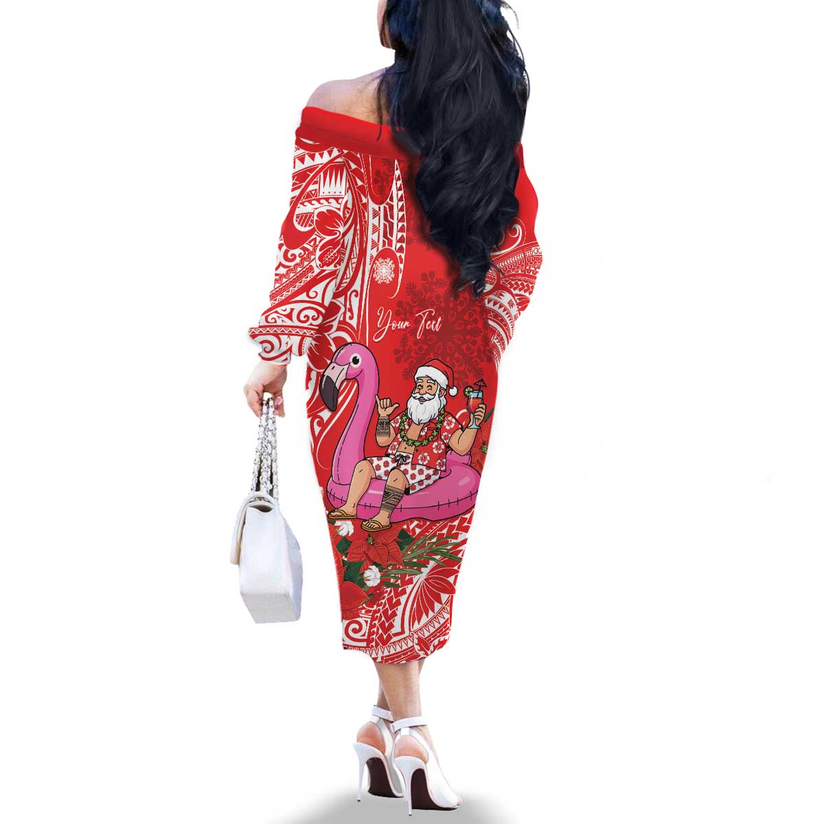 Personalized Hawaii Christmas Family Matching Off The Shoulder Long Sleeve Dress and Hawaiian Shirt Mele Kalikimaka Chilling Shaka Santa Flamingo LT14 - Polynesian Pride