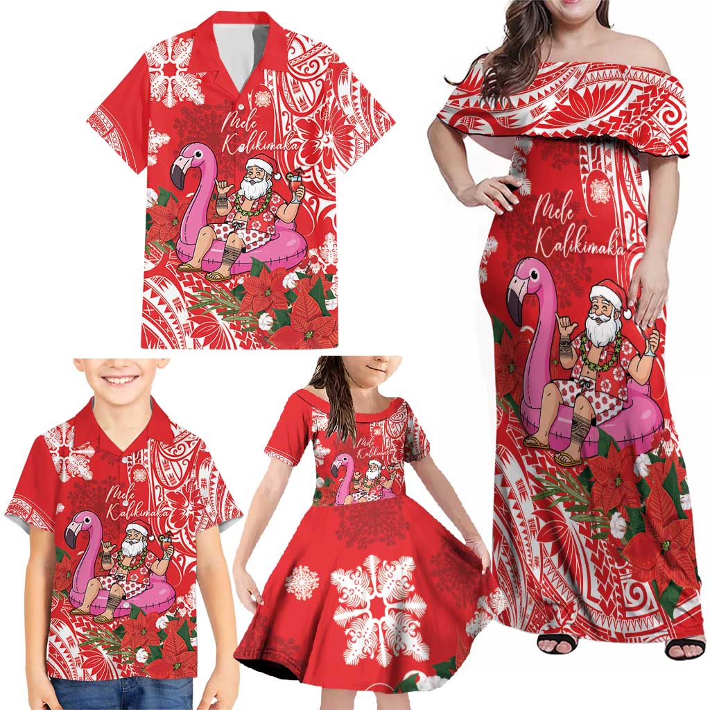 Personalized Hawaii Christmas Family Matching Off Shoulder Maxi Dress and Hawaiian Shirt Mele Kalikimaka Chilling Shaka Santa Flamingo LT14 - Polynesian Pride
