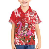 Personalized Hawaii Christmas Family Matching Off Shoulder Maxi Dress and Hawaiian Shirt Mele Kalikimaka Chilling Shaka Santa Flamingo LT14 Son's Shirt Red - Polynesian Pride