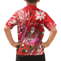 Personalized Hawaii Christmas Family Matching Off Shoulder Short Dress and Hawaiian Shirt Mele Kalikimaka Chilling Shaka Santa Flamingo LT14 - Polynesian Pride