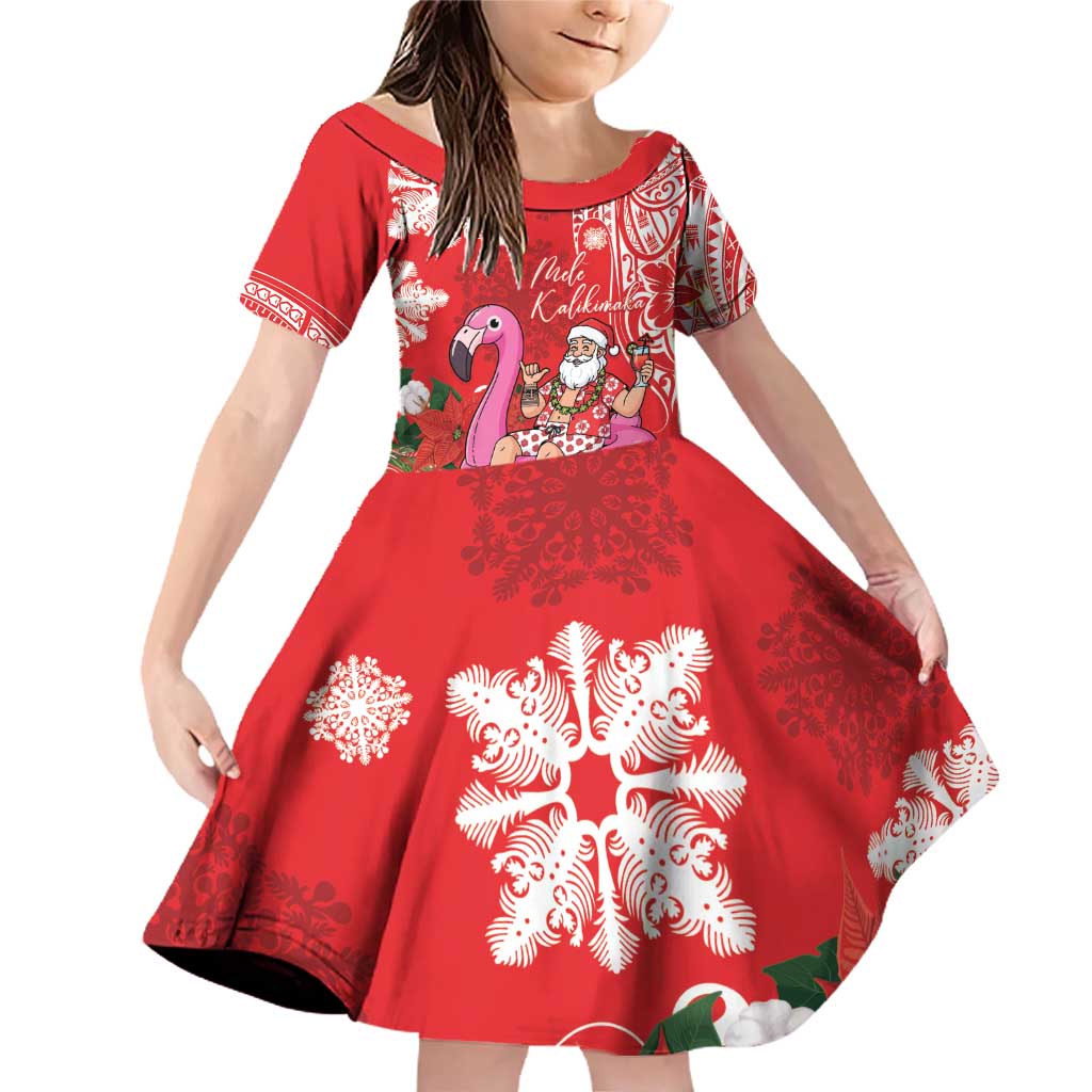 Personalized Hawaii Christmas Family Matching Off Shoulder Short Dress and Hawaiian Shirt Mele Kalikimaka Chilling Shaka Santa Flamingo LT14 Daughter's Dress Red - Polynesian Pride