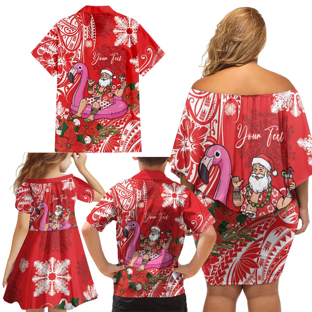 Personalized Hawaii Christmas Family Matching Off Shoulder Short Dress and Hawaiian Shirt Mele Kalikimaka Chilling Shaka Santa Flamingo LT14 - Polynesian Pride