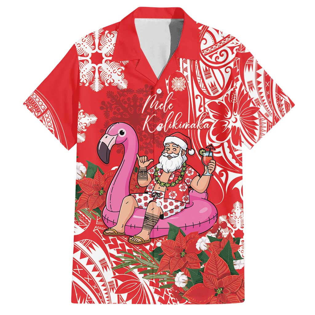 Personalized Hawaii Christmas Family Matching Off Shoulder Short Dress and Hawaiian Shirt Mele Kalikimaka Chilling Shaka Santa Flamingo LT14 Dad's Shirt - Short Sleeve Red - Polynesian Pride