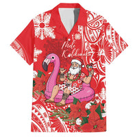 Personalized Hawaii Christmas Family Matching Off Shoulder Short Dress and Hawaiian Shirt Mele Kalikimaka Chilling Shaka Santa Flamingo LT14 Dad's Shirt - Short Sleeve Red - Polynesian Pride