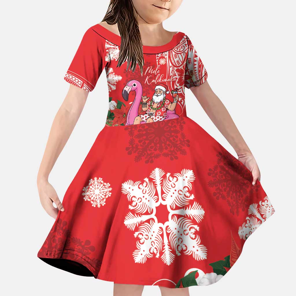Personalized Hawaii Christmas Family Matching Puletasi and Hawaiian Shirt Mele Kalikimaka Chilling Shaka Santa Flamingo LT14 Daughter's Dress Red - Polynesian Pride