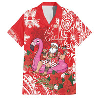 Personalized Hawaii Christmas Family Matching Puletasi and Hawaiian Shirt Mele Kalikimaka Chilling Shaka Santa Flamingo LT14 Dad's Shirt - Short Sleeve Red - Polynesian Pride