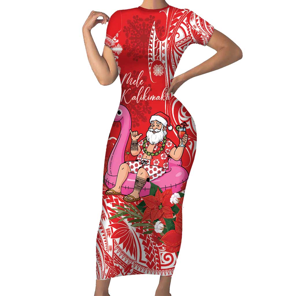 Personalized Hawaii Christmas Family Matching Short Sleeve Bodycon Dress and Hawaiian Shirt Mele Kalikimaka Chilling Shaka Santa Flamingo LT14 Mom's Dress Red - Polynesian Pride