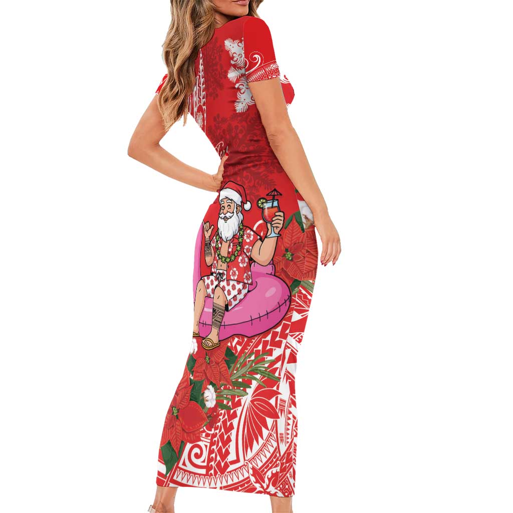 Personalized Hawaii Christmas Family Matching Short Sleeve Bodycon Dress and Hawaiian Shirt Mele Kalikimaka Chilling Shaka Santa Flamingo LT14 - Polynesian Pride
